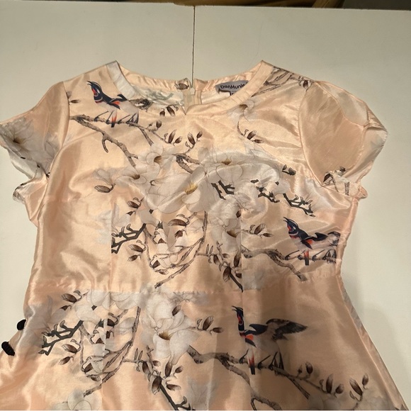 Dan Munier Cream Asian Inspired Floral Bird Cap Sleeves 2 Tired Bottom Dress - Picture 10 of 16